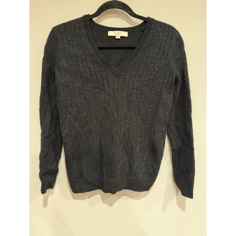 LOFT V-Neck Womens Size Medium Shimmer Black Cable Knit Sweater Holiday Wool BLE